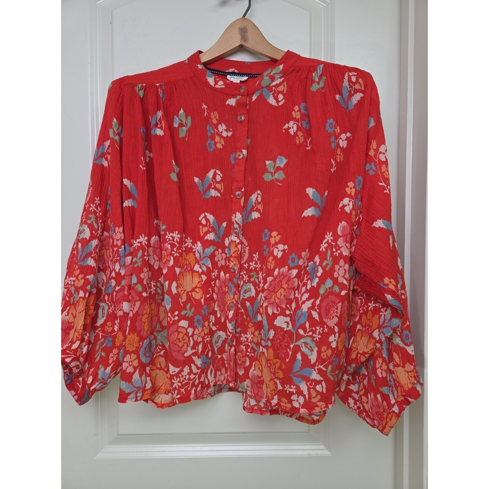 Pilcro Anthropologie Sidney Batwing Peasant Blouse Red Floral Gauze Top Sz S - Picture 2 of 8